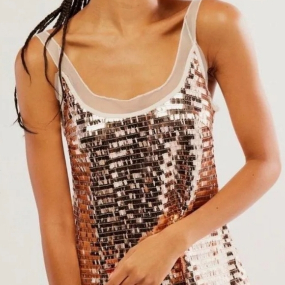 New Free People Intimately Disco Fever Sequins Mesh Gold Mini Slip Dress Large - Picture 3 of 13